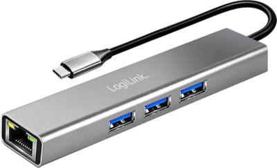 LogiLink USB 3.2 Gen1 hub, 3 × USB-A, 1 × RJ45 Gigabit Ethernet