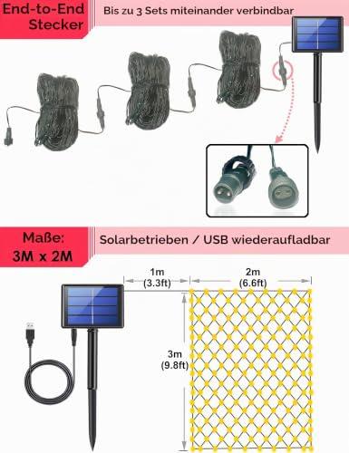 204 LED-es fényháló, 3 x 2 m, napelemes / USB-s, vízálló fényfüggöny karácsonyfára