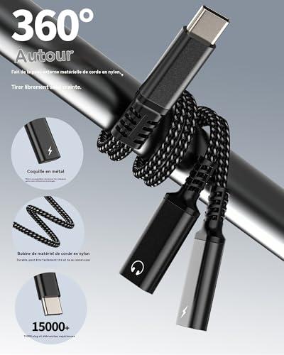 2 az 1-ben dupla USB-C fejhallgató adapter, iPhone 16/15 és Samsung S24/S23/S22 kompatibilis, audio elosztó és töltő
