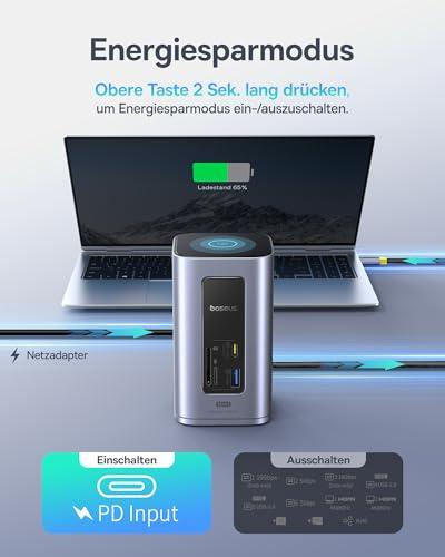 Baseus Nomos Air 12 az 1-ben USB-C dokkoló, 2 monitorhoz, 2 × 4K HDMI, 10 Gbps USB-C/USB-A, Windows laptopokhoz