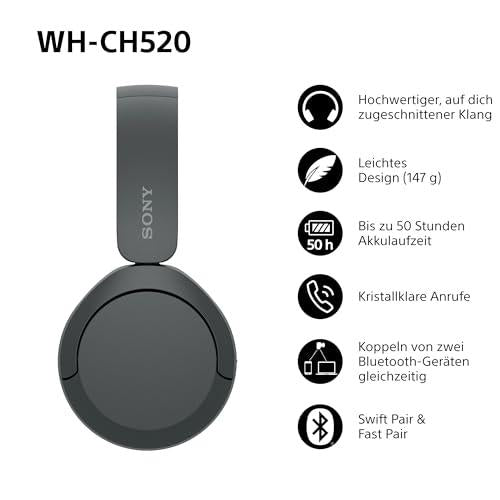 Sony WH-CH520 vezeték nélküli Bluetooth fejhallgató, akár 50 órás akkumulátor-üzemidő