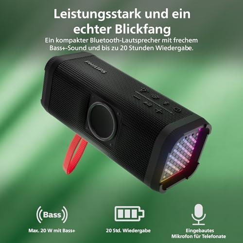 PHILIPS TAS2000B vezeték nélküli Bluetooth hangszóró LED fényshow-val, 20 W, Bass+, Auracast, 20 óra üzemidő, IPX5, USB lejátszás, mikrofon
