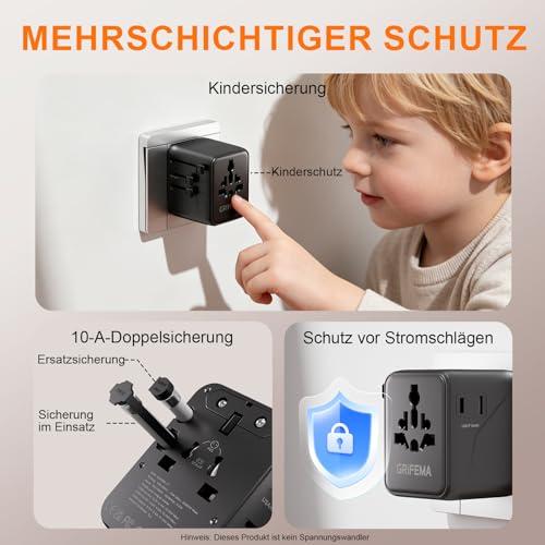 GRIFEMA univerzális 6 az 1-ben utazóadapter 2 USB-C és 2 USB-A porttal, 2 AC aljzattal