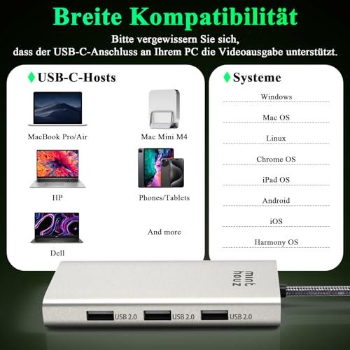 Minthouz 7 az 1-ben USB-C dokkoló, 4K 60 Hz HDMI, 8K 60 Hz DP 1.2, VGA, 3 x USB 2.0, Dell/HP/Lenovo