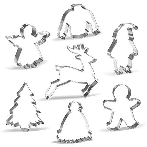 Large Christmas Cookie Cutters Set - 7 Pieces - Santa, Reindeer, Gingerbread Man, Christmas Tree, Angel, Ugly Sweater, Winter Hat - Stainles