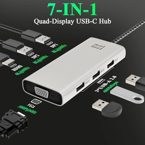 Minthouz 7 az 1-ben USB-C dokkoló, 4K 60 Hz HDMI, 8K 60 Hz DP 1.2, VGA, 3 x USB 2.0, Dell/HP/Lenovo