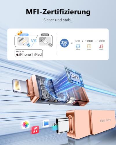 256 GB USB pendrive iPhone-hoz, USB-C és Lightning csatlakozóval, MFi-tanúsítvánnyal, alkalmazás nélkül