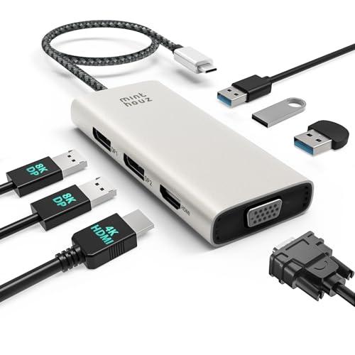 Minthouz 7 az 1-ben USB-C dokkoló, 4K 60 Hz HDMI, 8K 60 Hz DP 1.2, VGA, 3 x USB 2.0, Dell/HP/Lenovo
