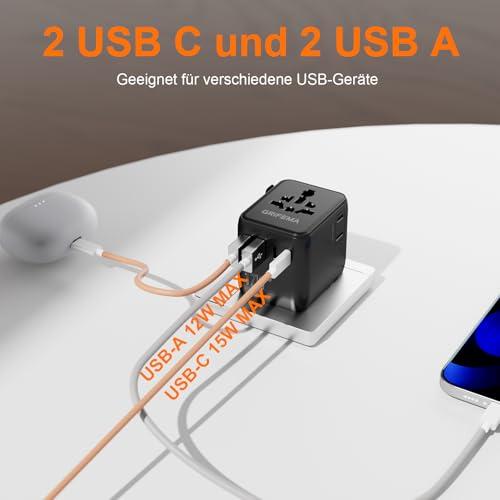 GRIFEMA univerzális 6 az 1-ben utazóadapter 2 USB-C és 2 USB-A porttal, 2 AC aljzattal