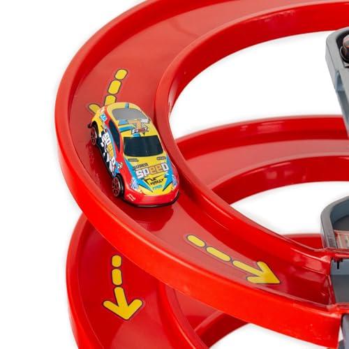 CELMAN gyerek parkolóház játékszett, többszintes, kézi működtetésű lifttel, 8 fém autóval és helikopterrel