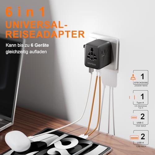 GRIFEMA univerzális 6 az 1-ben utazóadapter 2 USB-C és 2 USB-A porttal, 2 AC aljzattal