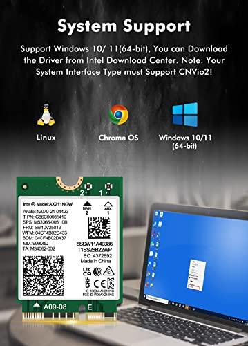 AX211 NGW WiFi 6E vezeték nélküli kártya, Bluetooth 5.3, tri-band 5400 Mbps, csak CNVio2 és 12/13. gen. CPU
