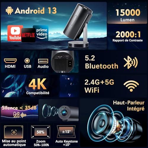 VGKE 4K hordozható mini projektor, autofókusz és trapézkorrekció, WiFi 6, Bluetooth, Full HD, teleszkópos láb