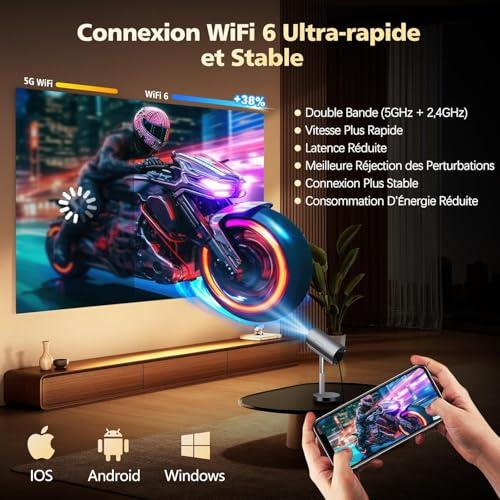 VGKE 4K hordozható mini projektor, autofókusz és trapézkorrekció, WiFi 6, Bluetooth, Full HD, teleszkópos láb