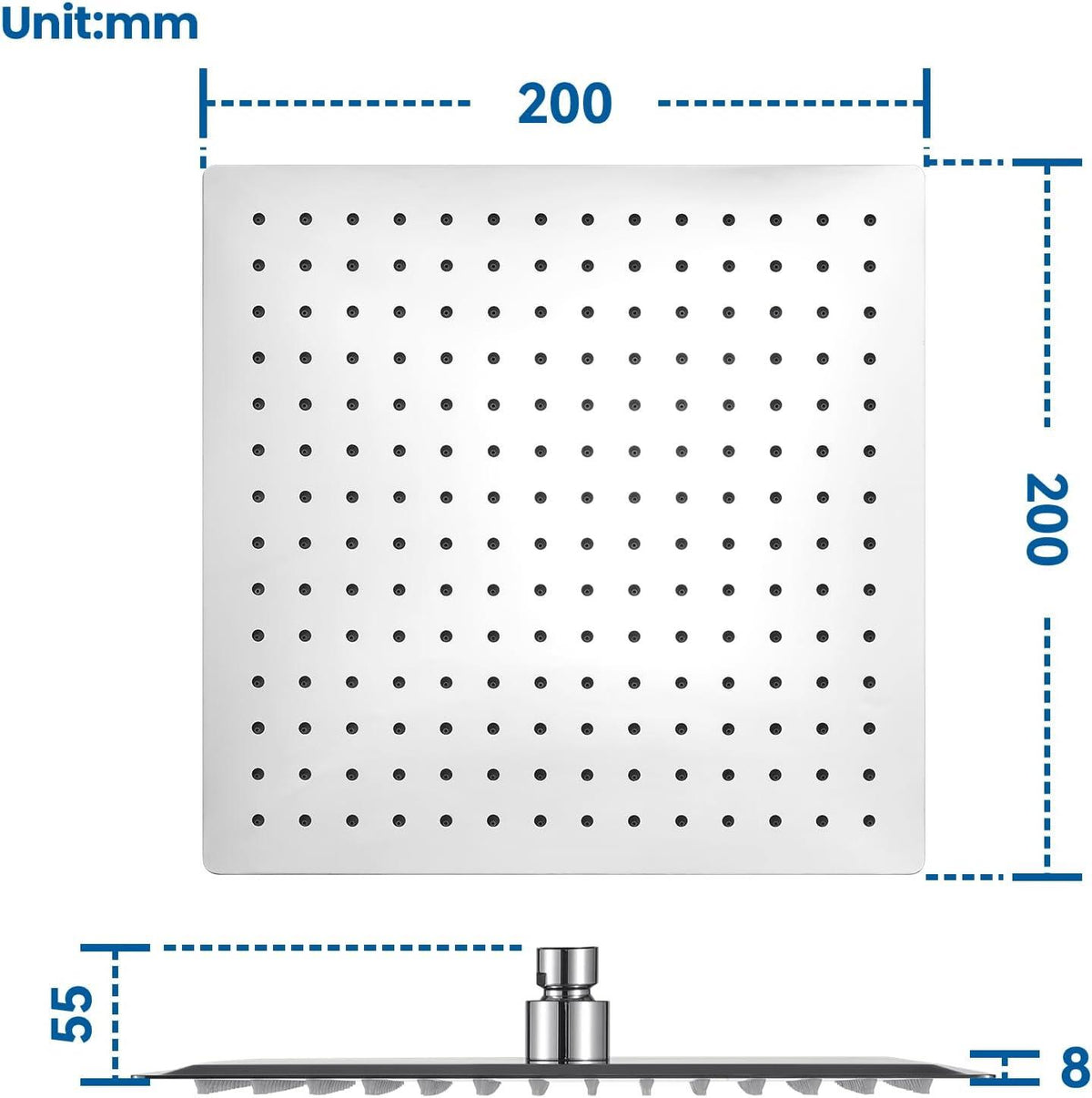 Auralum esőztető zuhanyfej, 304 rozsdamentes acél, 12" (30 cm) négyzet alakú, ön清tisztító fúvókák, 360° állítható