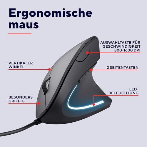 Trust Verto vertikális ergonomikus vezetékes egér, egérkar/teniszkönyök (RSI) megelőzésére, 1000/1600 DPI, LED-világítás
