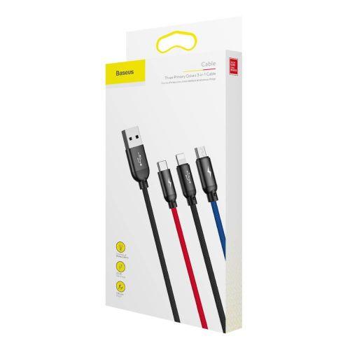 Baseus Three Primary Colors 3 az 1-ben kábel Lightning/USB-C/micro USB, nylon fonat, 3,5A, 1,2 m (CAMLT-BSY01) (fekete)