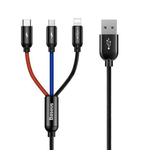 Baseus Three Primary Colors 3 az 1-ben kábel Lightning/USB-C/micro USB, nylon fonat, 3,5A, 1,2 m (CAMLT-BSY01) (fekete)