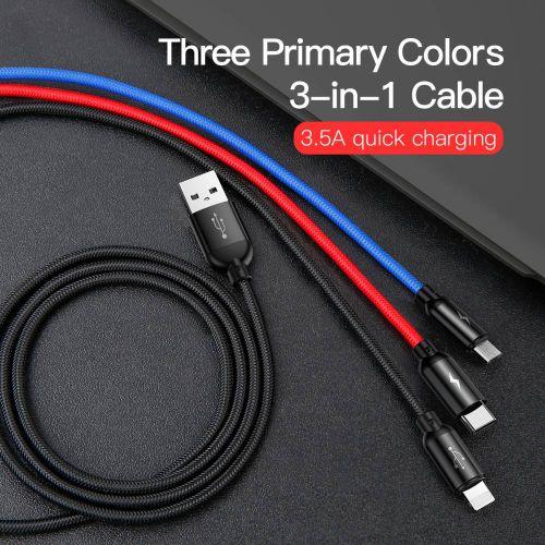 Baseus Three Primary Colors 3 az 1-ben kábel Lightning/USB-C/micro USB, nylon fonat, 3,5A, 1,2 m (CAMLT-BSY01) (fekete)