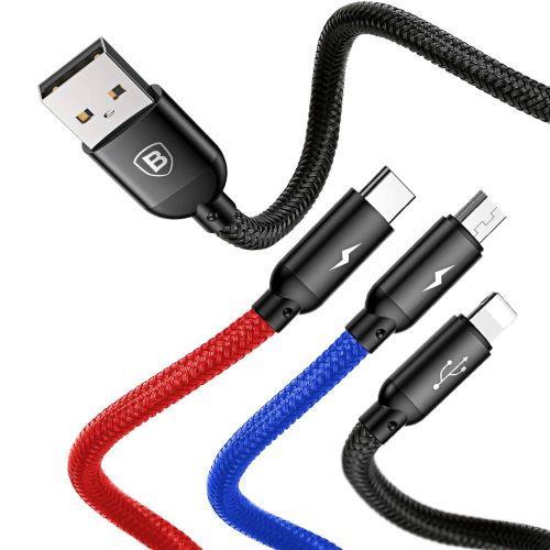 Baseus Three Primary Colors 3 az 1-ben kábel Lightning/USB-C/micro USB, nylon fonat, 3,5A, 1,2 m (CAMLT-BSY01) (fekete)