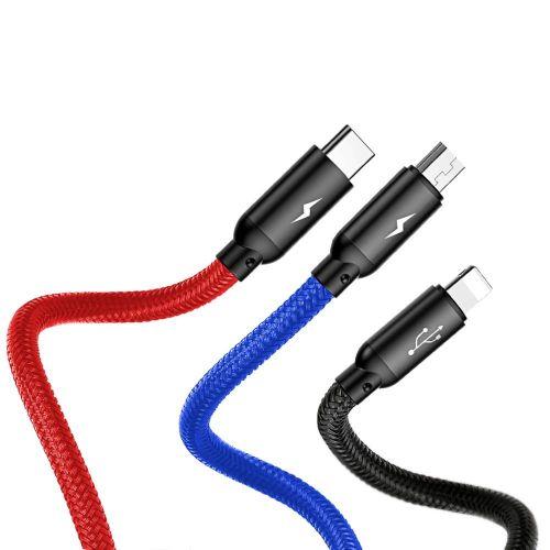 Baseus Three Primary Colors 3 az 1-ben kábel Lightning/USB-C/micro USB, nylon fonat, 3,5A, 1,2 m (CAMLT-BSY01) (fekete)