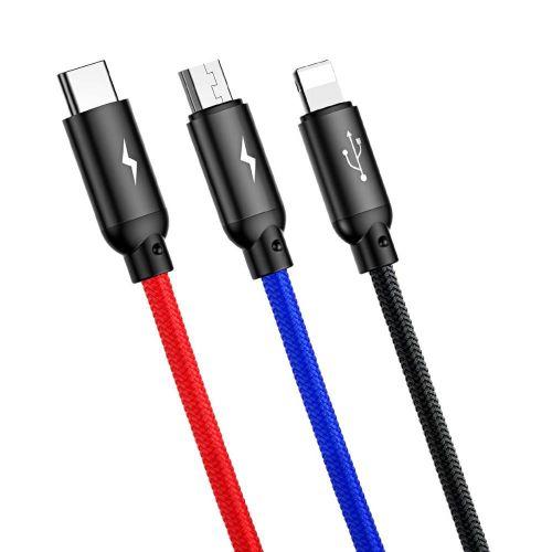 Baseus Three Primary Colors 3 az 1-ben kábel Lightning/USB-C/micro USB, nylon fonat, 3,5A, 1,2 m (CAMLT-BSY01) (fekete)