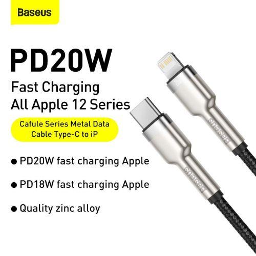 Baseus Cafule sorozatú USB-C – Lightning fém adatkábel, PD 20W, 1 m (CATLJK-A01) (fekete)