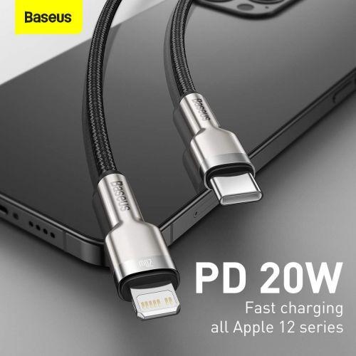 Baseus Cafule sorozatú USB-C – Lightning fém adatkábel, PD 20W, 1 m (CATLJK-A01) (fekete)