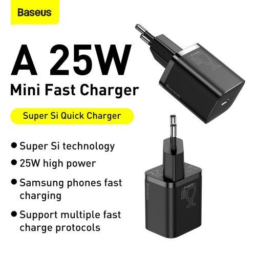 Baseus Super Si 1C utazó gyorstöltő, 25W, EU dugó, USB-C (CCSP020101) (fekete)