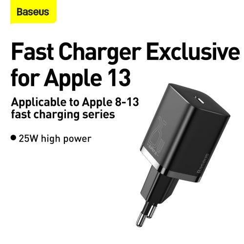 Baseus Super Si 1C utazó gyorstöltő, 25W, EU dugó, USB-C (CCSP020101) (fekete)