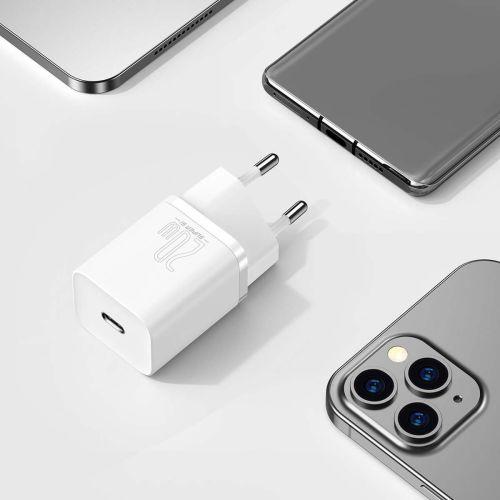 Baseus Super Si 1C hálózati gyorstöltő, USB-C, PD 20 W, EU csatlakozó, CCSUP-B02 (fehér)
