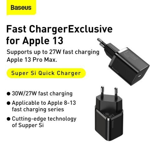 Baseus Super Si 1C hálózati gyorstöltő, USB-C, PD 30W, EU dugó (CCSUP-J01) (fekete)