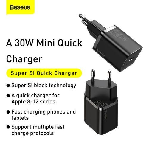 Baseus Super Si 1C hálózati gyorstöltő, USB-C, PD 30W, EU dugó (CCSUP-J01) (fekete)