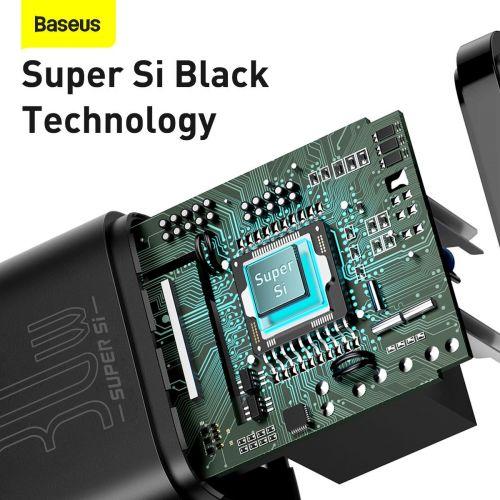 Baseus Super Si 1C hálózati gyorstöltő, USB-C, PD 30W, EU dugó (CCSUP-J01) (fekete)