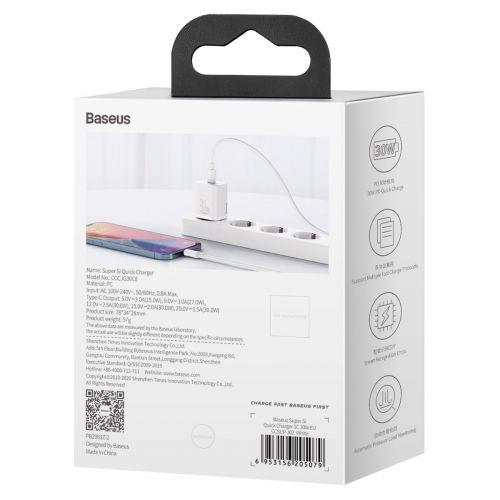 Baseus Super Si 1C hálózati töltő, USB-C, PD 30W, EU (CCSUP-J02) (fehér)