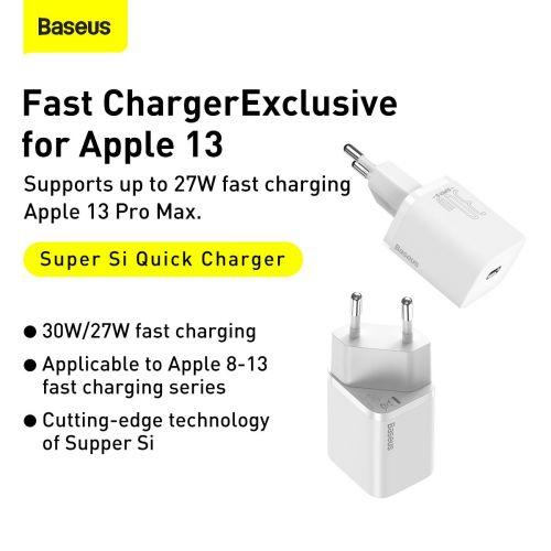 Baseus Super Si 1C hálózati töltő, USB-C, PD 30W, EU (CCSUP-J02) (fehér)