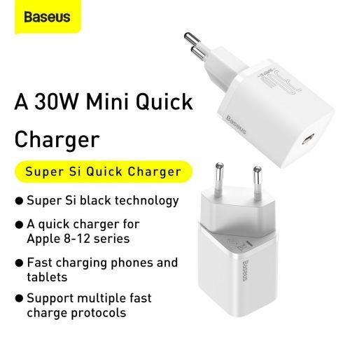 Baseus Super Si 1C hálózati töltő, USB-C, PD 30W, EU (CCSUP-J02) (fehér)