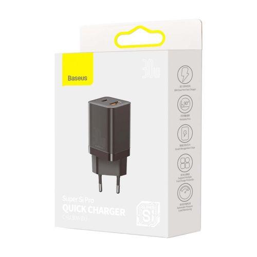 Baseus Super Si Pro mini gyorstöltő utazáshoz, USB-C + USB-A, PD 3.0, QC 3.0, 30W, EU (CCSUPP-E01) (fekete)