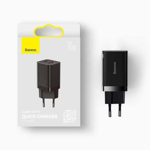Baseus Super Si Pro mini gyorstöltő utazáshoz, USB-C + USB-A, PD 3.0, QC 3.0, 30W, EU (CCSUPP-E01) (fekete)