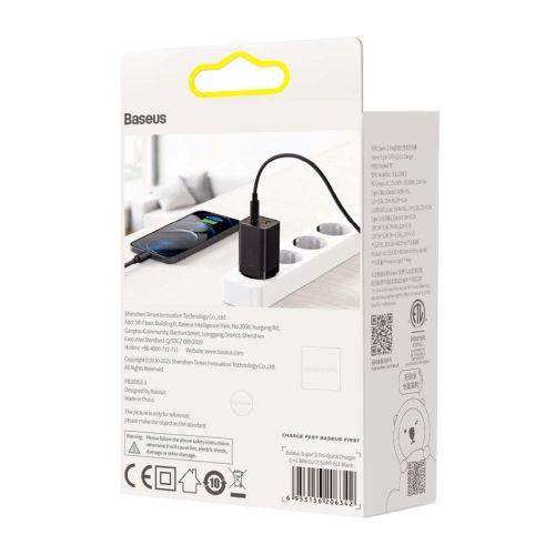 Baseus Super Si Pro mini gyorstöltő utazáshoz, USB-C + USB-A, PD 3.0, QC 3.0, 30W, EU (CCSUPP-E01) (fekete)
