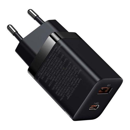 Baseus Super Si Pro mini gyorstöltő utazáshoz, USB-C + USB-A, PD 3.0, QC 3.0, 30W, EU (CCSUPP-E01) (fekete)