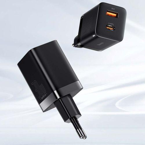 Baseus Super Si Pro mini gyorstöltő utazáshoz, USB-C + USB-A, PD 3.0, QC 3.0, 30W, EU (CCSUPP-E01) (fekete)