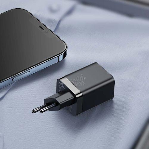 Baseus Super Si Pro mini gyorstöltő utazáshoz, USB-C + USB-A, PD 3.0, QC 3.0, 30W, EU (CCSUPP-E01) (fekete)