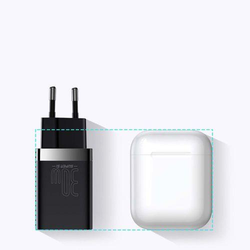Baseus Super Si Pro mini gyorstöltő utazáshoz, USB-C + USB-A, PD 3.0, QC 3.0, 30W, EU (CCSUPP-E01) (fekete)