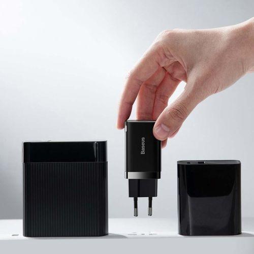 Baseus Super Si Pro mini gyorstöltő utazáshoz, USB-C + USB-A, PD 3.0, QC 3.0, 30W, EU (CCSUPP-E01) (fekete)