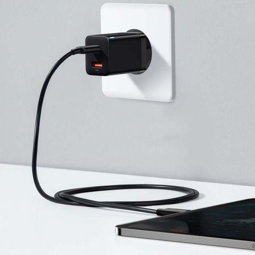 Baseus Super Si Pro mini gyorstöltő utazáshoz, USB-C + USB-A, PD 3.0, QC 3.0, 30W, EU (CCSUPP-E01) (fekete)