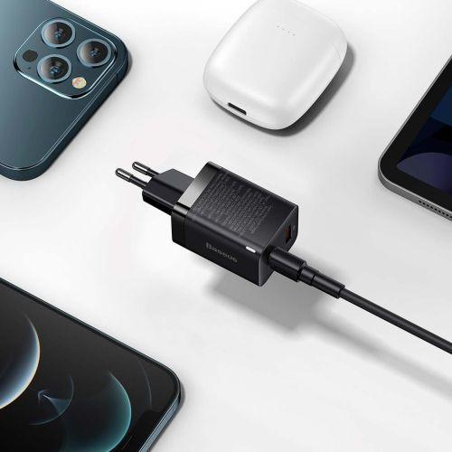 Baseus Super Si Pro mini gyorstöltő utazáshoz, USB-C + USB-A, PD 3.0, QC 3.0, 30W, EU (CCSUPP-E01) (fekete)