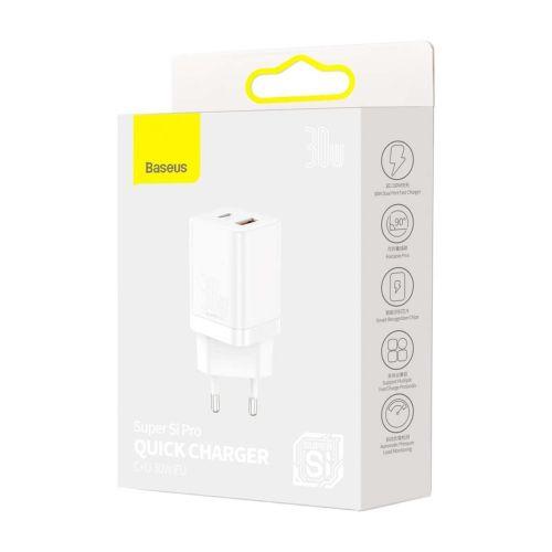 Baseus Super Si Pro mini hálózati gyorstöltő, USB-C + USB, PD 3.0, QC 3.0, 30 W, EU (fehér) (CCSUPP-E02)