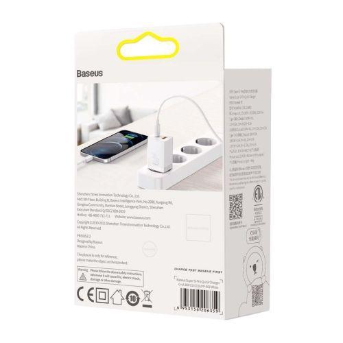 Baseus Super Si Pro mini hálózati gyorstöltő, USB-C + USB, PD 3.0, QC 3.0, 30 W, EU (fehér) (CCSUPP-E02)