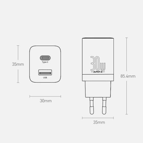 Baseus Super Si Pro mini hálózati gyorstöltő, USB-C + USB, PD 3.0, QC 3.0, 30 W, EU (fehér) (CCSUPP-E02)